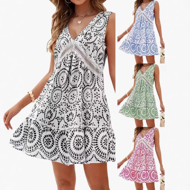 Women's Elegant Printed Hollow Lace V-neck Sleeveless Dress