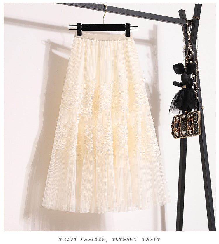 Embroidered Floral Lace Pleated A- Line Cake Dress Midi Skirt