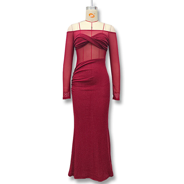 New Sexy Shiny Off-shoulder Slim-fit See-through Mesh Dress