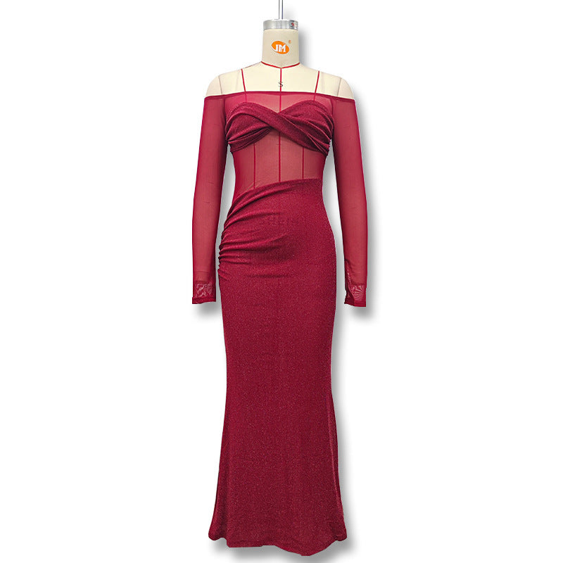 New Sexy Shiny Off-shoulder Slim-fit See-through Mesh Dress