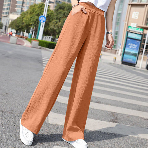 Draping Effect Cotton Linen Wide Leg Pants Women Elastic Waist