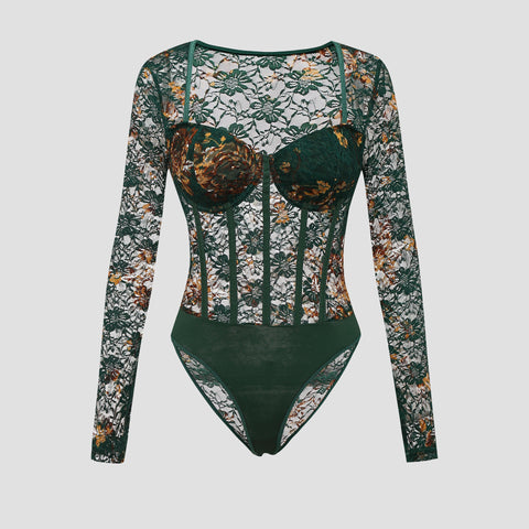 European And American Autumn Winter Retro Dignified Flowers Lace Steel Ring Sheer Long Sleeve