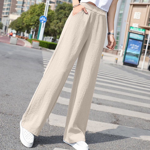 Draping Effect Cotton Linen Wide Leg Pants Women Elastic Waist