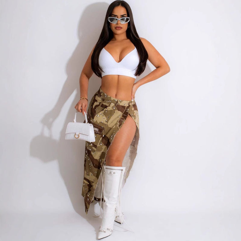 Women's Fashion Personalized Camouflage Wash Pocket Slit Tassel Skirt