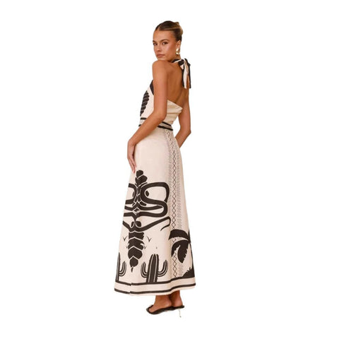 Shell Printing Vacation Style Halter Waist-tight A- Line Dress