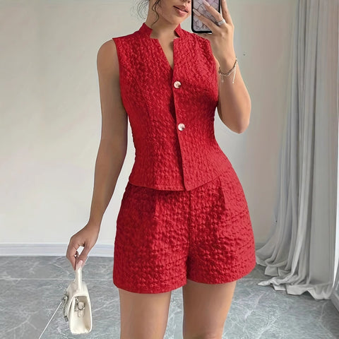 European And American Size Women's Elegant Solid Color Jacquard Sleeveless Vest And Shorts Two-piece Set