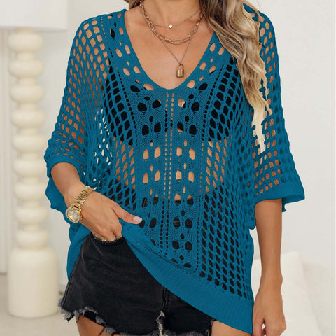 Women's Sexy Cutout Woven Shirt Batwing Sleeve Loose Casual Top Bikini Cover-up Blouse