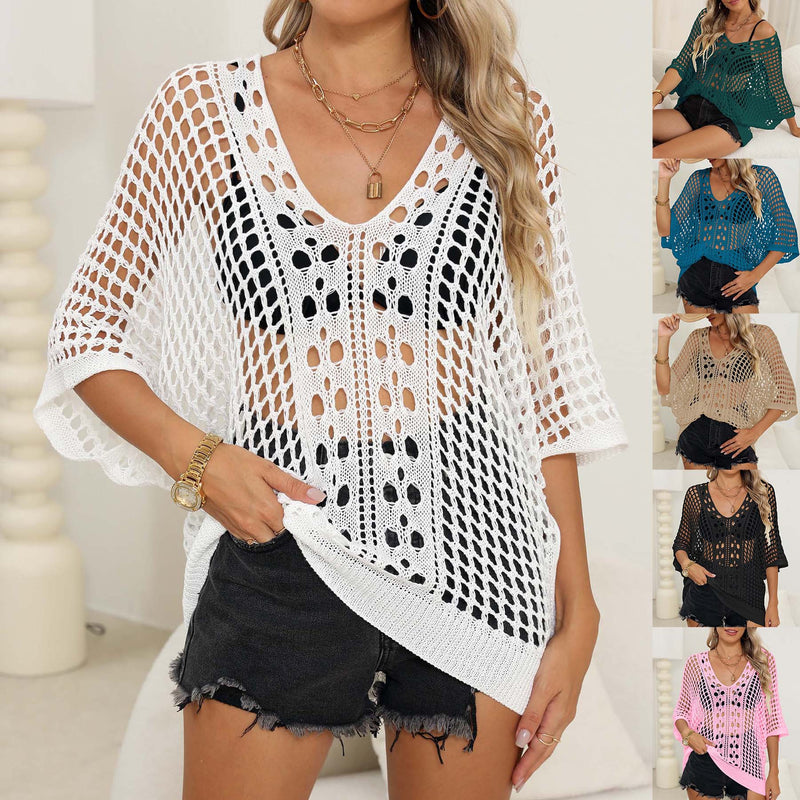 Women's Sexy Cutout Woven Shirt Batwing Sleeve Loose Casual Top Bikini Cover-up Blouse