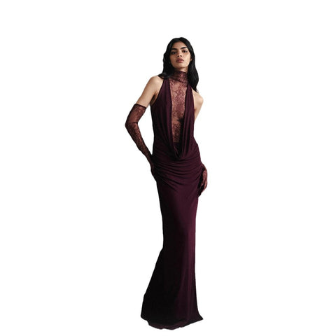 Halter Lace Stitching Sexy Deep V Hot Girl Pleated Evening Dress