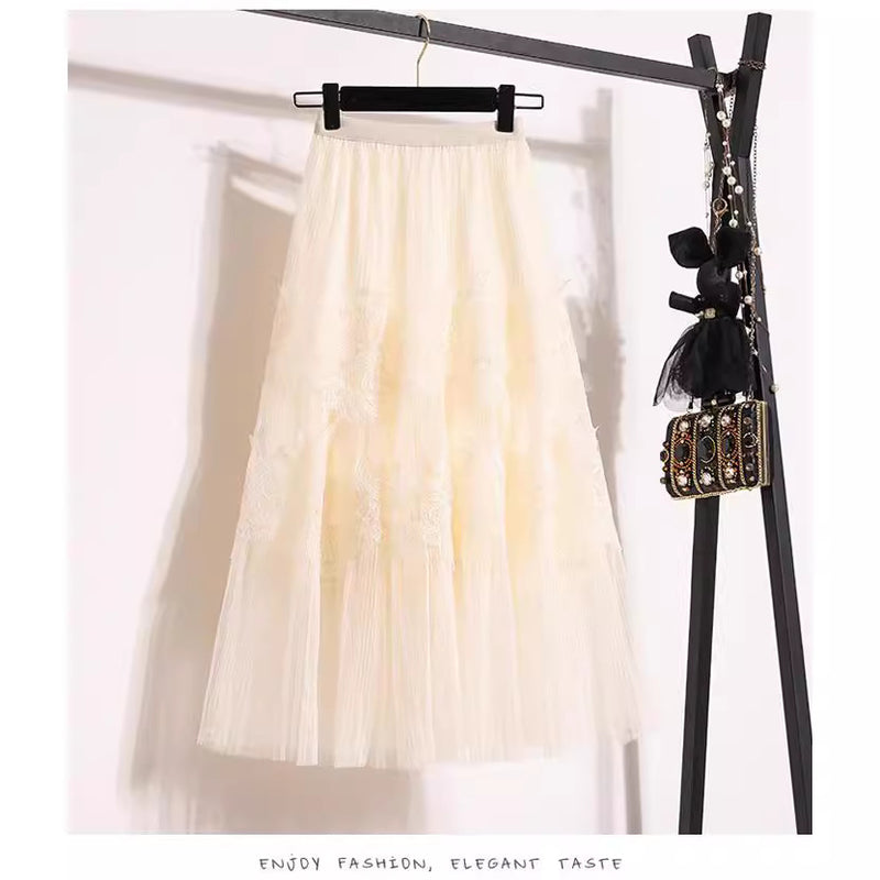 Embroidered Floral Lace Pleated A- Line Cake Dress Midi Skirt