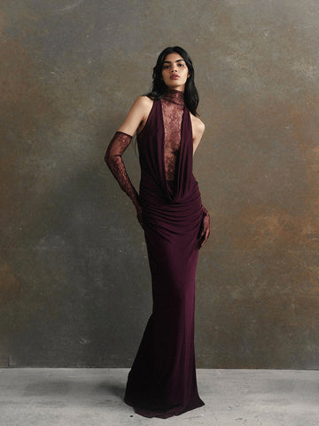 Halter Lace Stitching Sexy Deep V Hot Girl Pleated Evening Dress