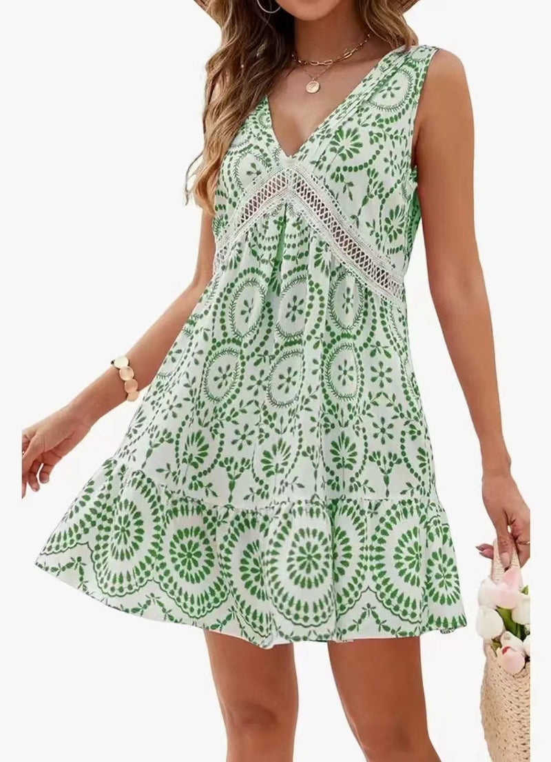 Women's Elegant Printed Hollow Lace V-neck Sleeveless Dress