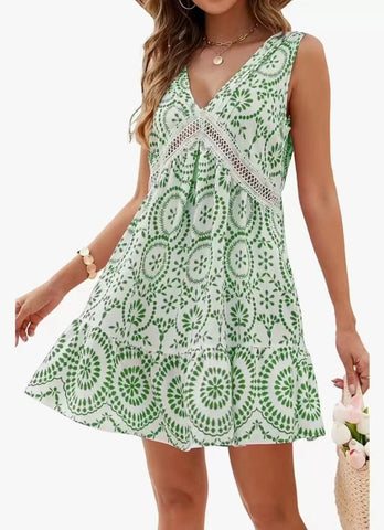 Women's Elegant Printed Hollow Lace V-neck Sleeveless Dress