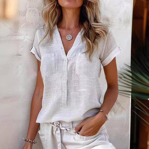 Solid Color Button Fashion Short Sleeve