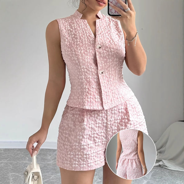 European And American Size Women's Elegant Solid Color Jacquard Sleeveless Vest And Shorts Two-piece Set