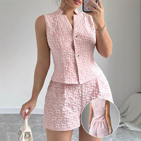 European And American Size Women's Elegant Solid Color Jacquard Sleeveless Vest And Shorts Two-piece Set