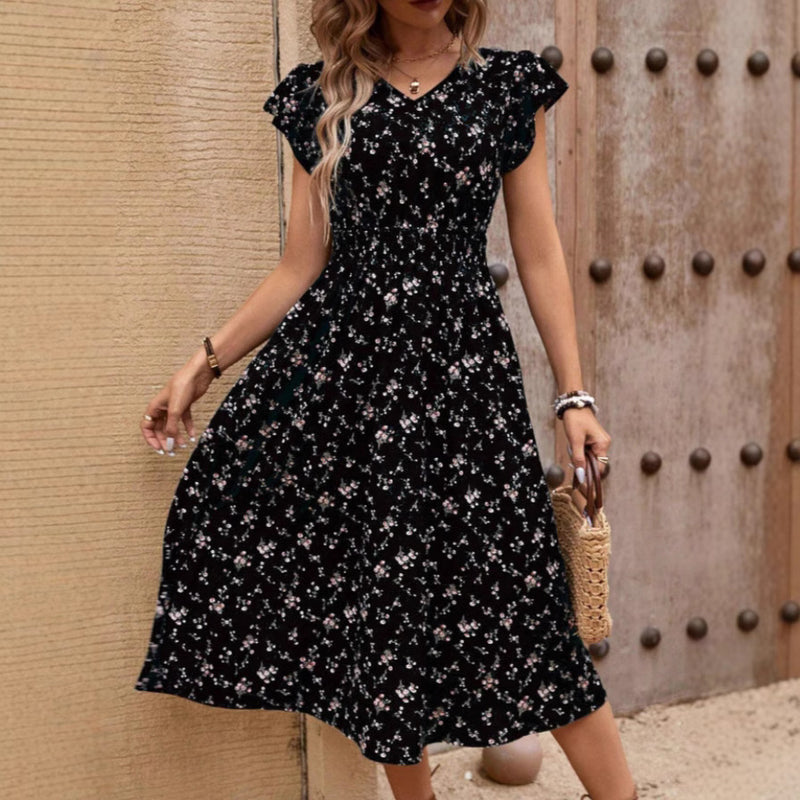 Fashion Elegant Women's V-neck Belted Ruffle Sleeve Print Dress