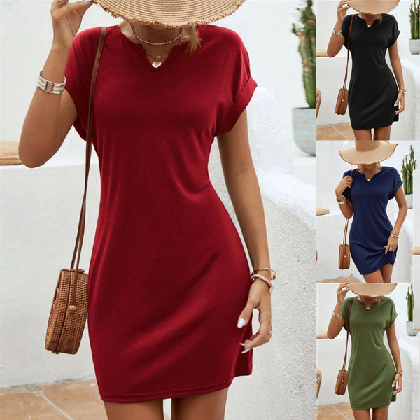 Solid Color And V-neck Bat Sleeve Sheath Dress