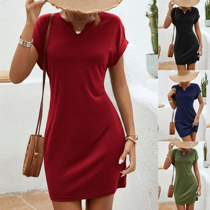 Solid Color And V-neck Bat Sleeve Sheath Dress