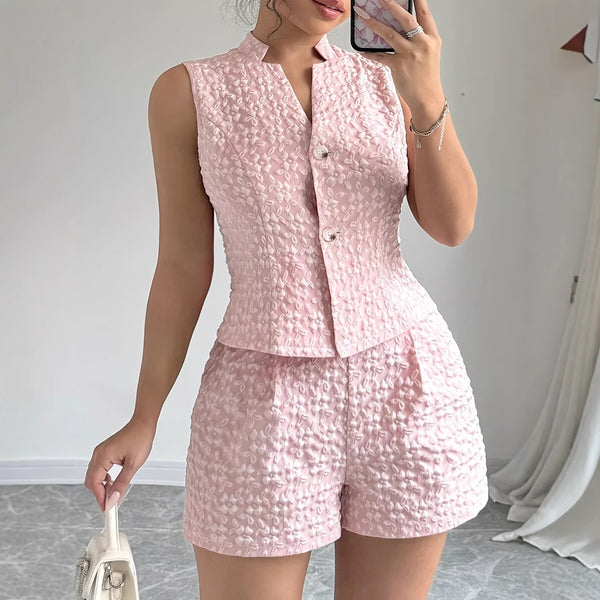 European And American Size Women's Elegant Solid Color Jacquard Sleeveless Vest And Shorts Two-piece Set