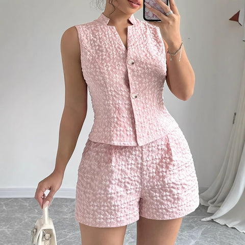 European And American Size Women's Elegant Solid Color Jacquard Sleeveless Vest And Shorts Two-piece Set