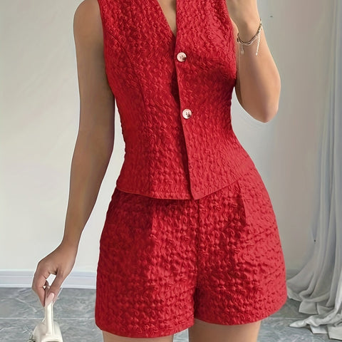European And American Size Women's Elegant Solid Color Jacquard Sleeveless Vest And Shorts Two-piece Set