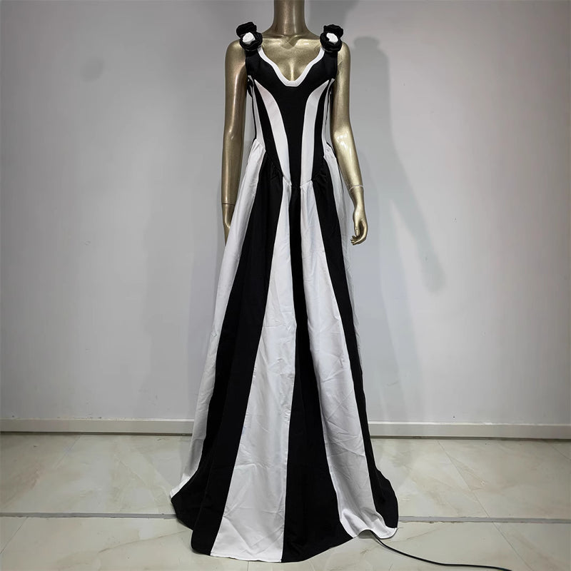 Black And White V-neck Spliced High Waisted Mop Dress