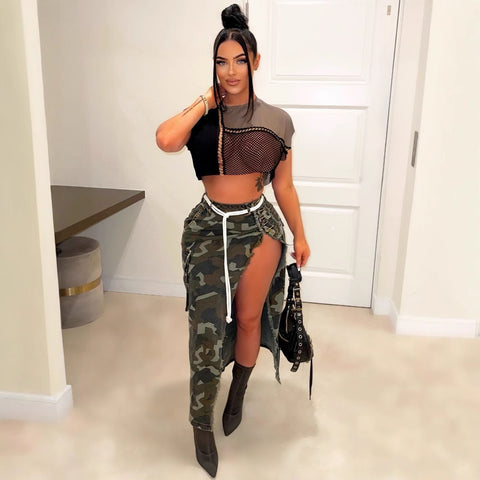 Women's Fashion Personalized Camouflage Wash Pocket Slit Tassel Skirt