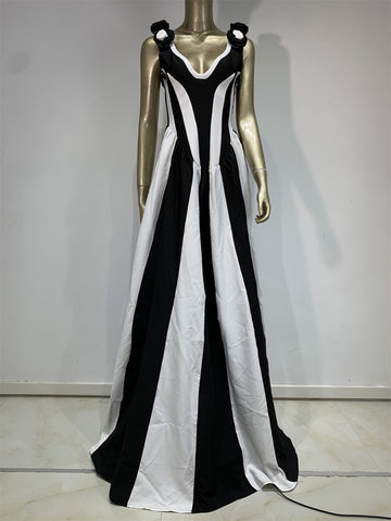 Black And White V-neck Spliced High Waisted Mop Dress