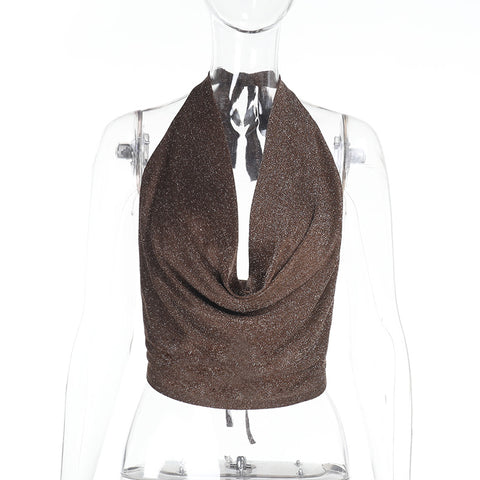 Women's Pure Color Halter Silver Silk Pockets Collar Top