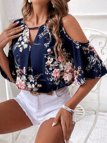 Casual Open Shoulder Short Sleeve Shirt For Women