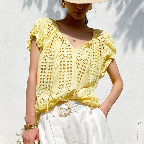 Vacation Style Embroidered Top Short Sleeve Summer French Style Design