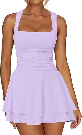 Women's Square Collar Waist Pleated Hem Mini Short Dress