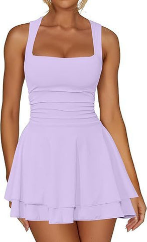 Women's Square Collar Waist Pleated Hem Mini Short Dress
