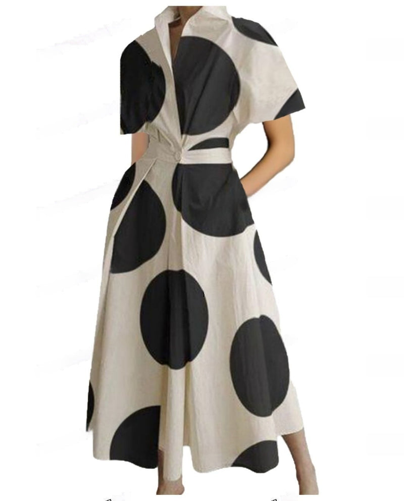 Commuting Fashion Polo Collar Shirt Elastic Waist Large Swing Dress