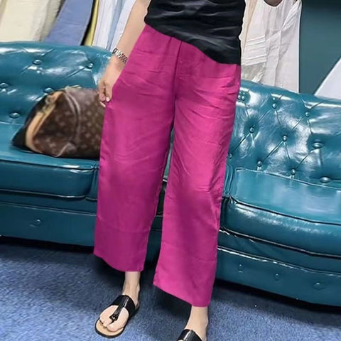 Women's Solid Color Linen Cropped Straight Casual Pants