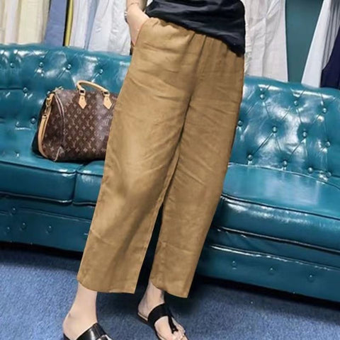 Women's Solid Color Linen Cropped Straight Casual Pants