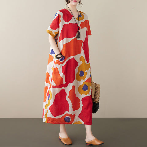 Plus Size Cotton And Linen Dress Abstract Printing Short Sleeve Loose