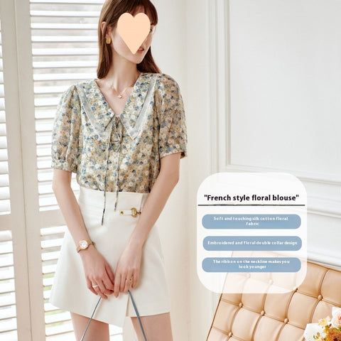 New Short Sleeve Elegant Slimming French Collar Design Floral Chiffon Shirt