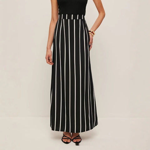 European And American Simple Halter Backless Sunken Stripe Knitted Top Striped Black And White High Waist Skirt For Women