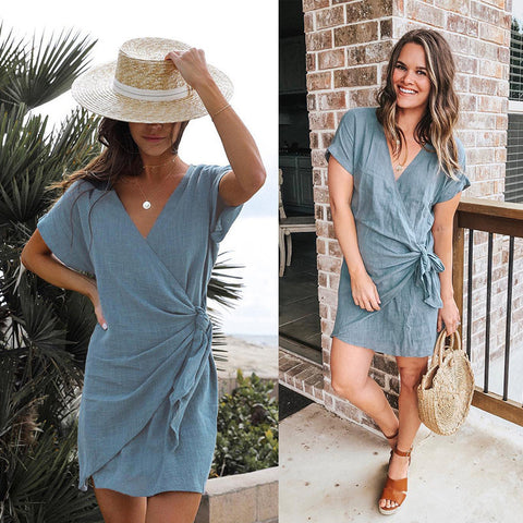 V-neck Lace-up Irregular Female Dress