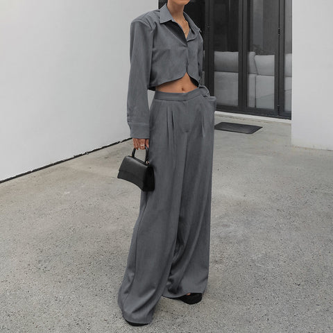 Gray, Long Sleeve Shirt High Waist Slimming Suit Wide Leg Pants