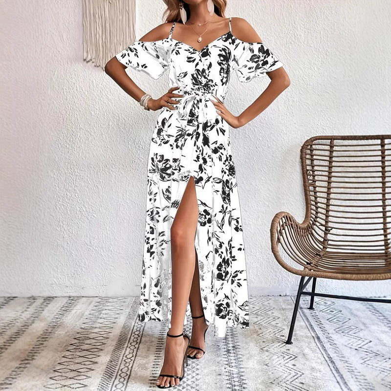 Ins Off-Shoulder Split Dress Summer Floral Print Suspender Long Dresses With Belt Design Women's Beach Clothing