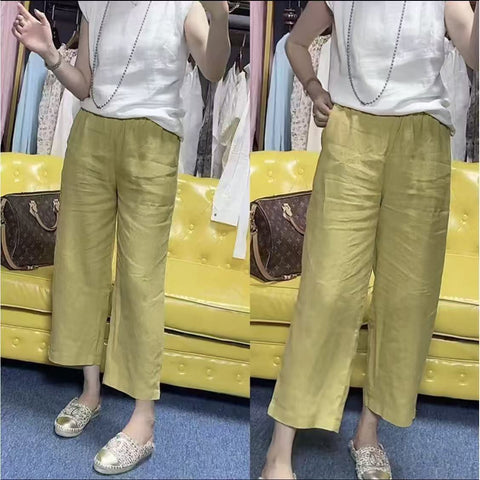 Women's Solid Color Linen Cropped Straight Casual Pants