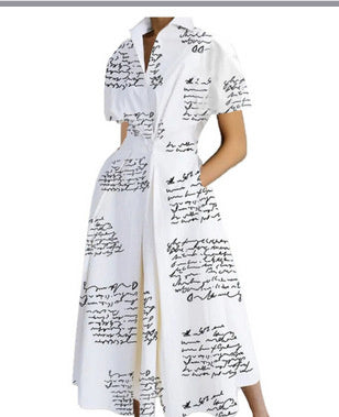 Commuting Fashion Polo Collar Shirt Elastic Waist Large Swing Dress