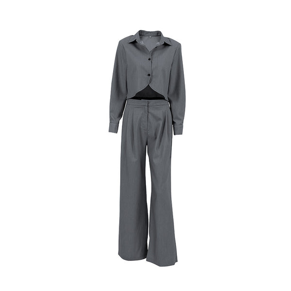Gray, Long Sleeve Shirt High Waist Slimming Suit Wide Leg Pants