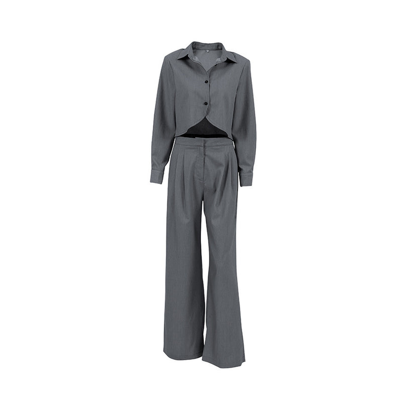 Gray, Long Sleeve Shirt High Waist Slimming Suit Wide Leg Pants