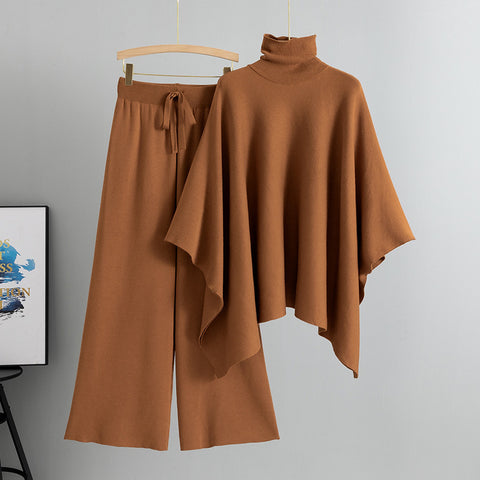 Turtleneck Cape Knitted Wide-leg Pants Elegant Outfit