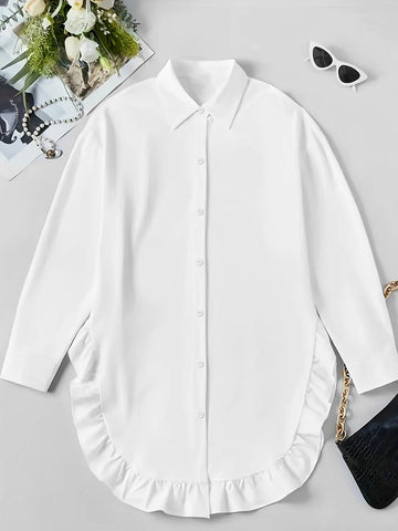 Women's Plus Size Casual Shirt With Ruffle Hem, Solid Color, Woven Polyester, Non-Stretch, Pointed Collar, Button Front, For All Seasons