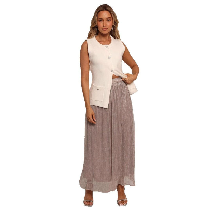 Solid Color Streamer Yarn Skirt Women's Summer High Waist Slimming A- Line Bright Silk Skirt French Style